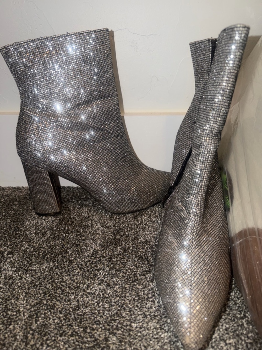 Glitter Block Heel Ankle Boots - Silver
